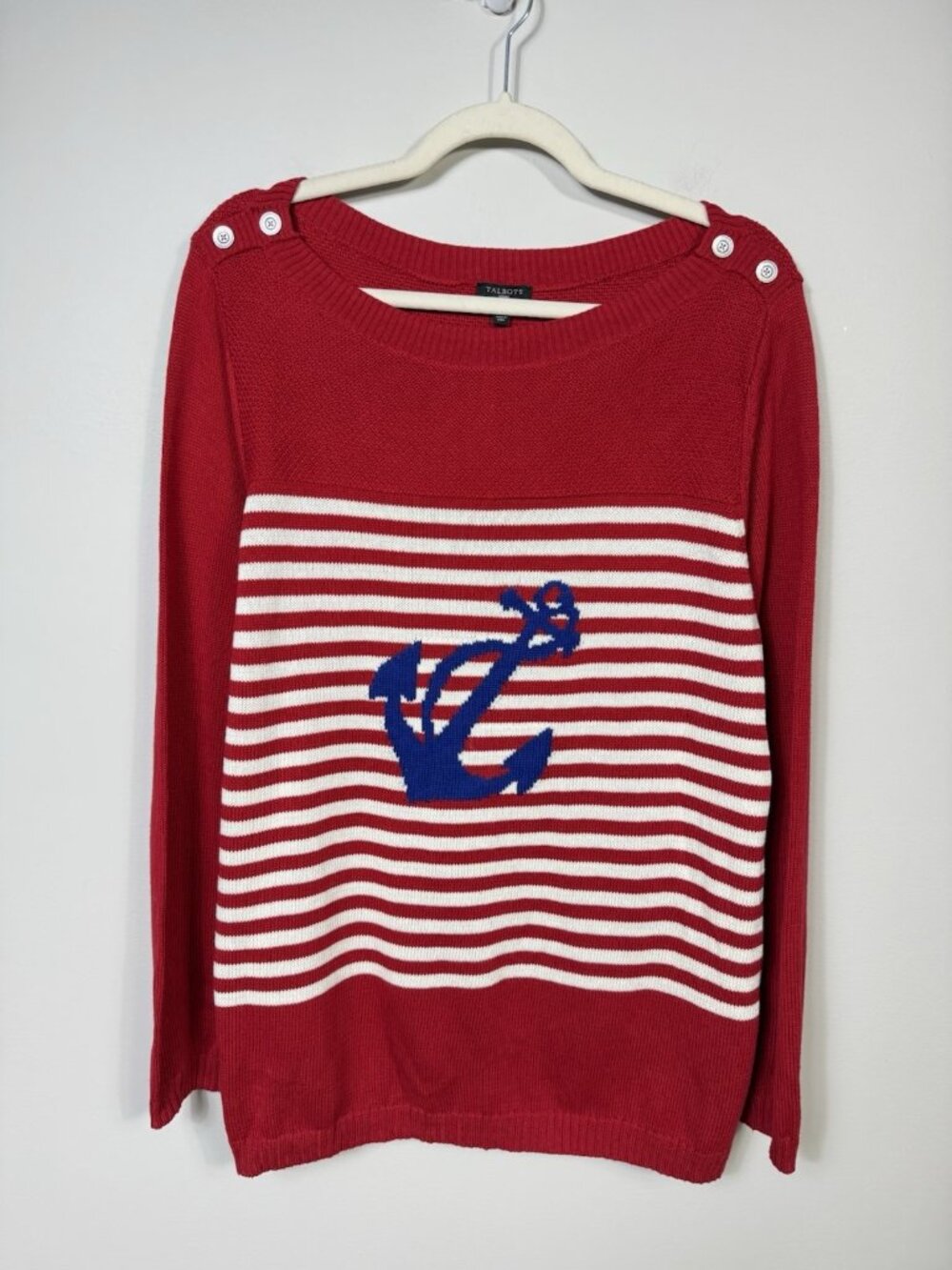 Talbots Sweater Womens 2X Red Stripe Anchor Pullover Crew Long Sleeve Nautical
